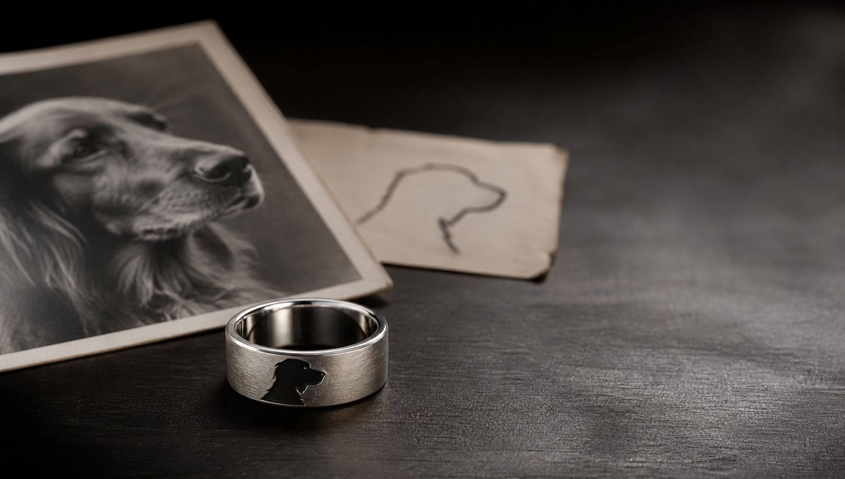 Dog photo memorial ring concept with a silver ring and pet portrait keepsake