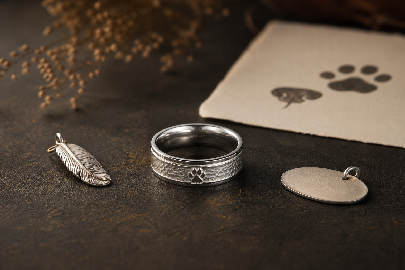 Pet memorial keepsake scene with a silver ring, photo, and paw print card