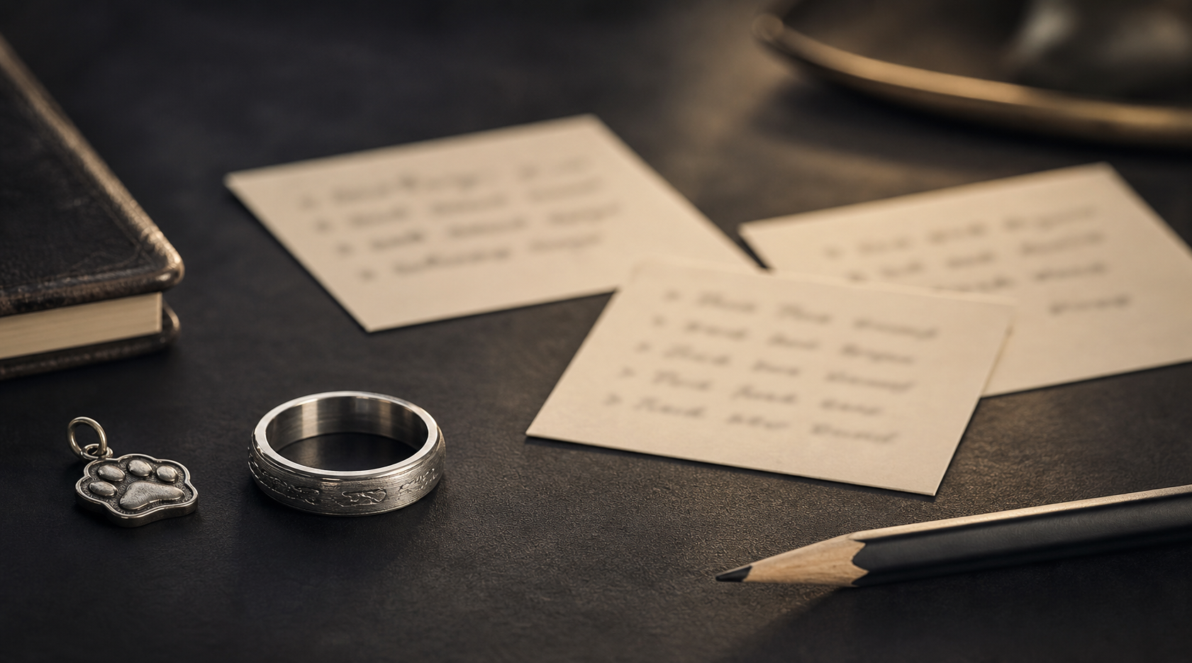 Pet memorial engraving phrase examples beside a silver ring and keepsake card